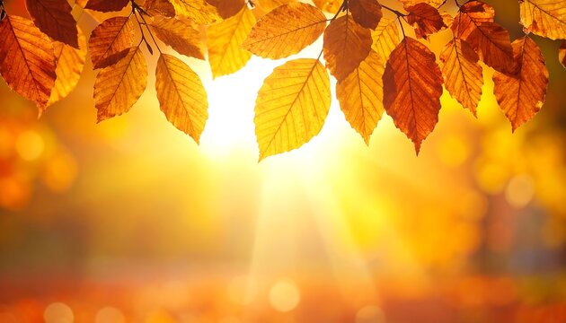 A vibrant, sunlit autumn scene showcasing close-up of golden leaves, bathed in sunlight. Soft background with blurred details