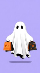 Smiling ghost carrying Halloween shopping bags,  festive shopping concept.