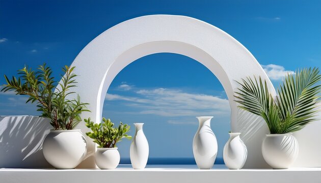 white vases and plants arranged in a white alcove against a blue sky