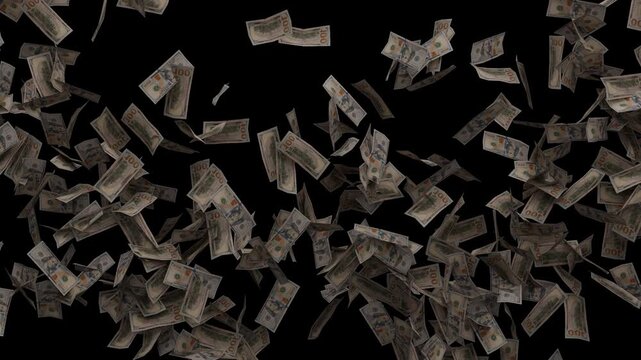 US Dollar Bills From Left and Right on Black Background, Loop, Falling (Copy Space)
