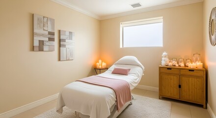 Serene spa treatment room with massage table warm lighting and calming artwork creating a tranquil atmosphere