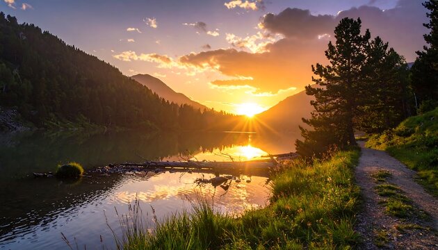 A vibrant sunset casts golden light over a tranquil lake and mountain range, with a path winding along the waterside. The sky is ablaze with color