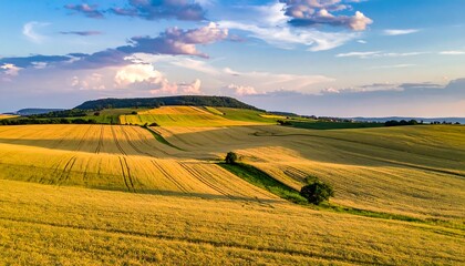 Obraz premium A vibrant sunset illuminates rolling fields of grain, with a distant hill under a partly cloudy sky