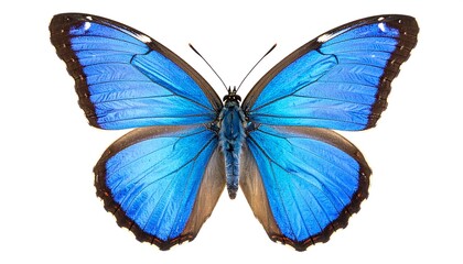 Obraz premium A vibrant, symmetrical close-up photograph of a blue butterfly against a clean white background, showcasing intricate wing patterns