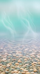 Serene underwater view of smooth pebbles on a riverbed with gentle ripples and soft light