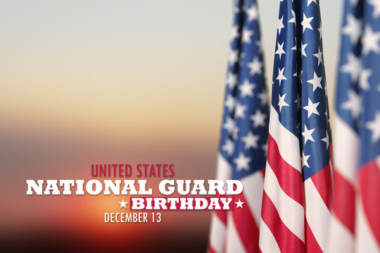 United States National Guard birthday inscription with USA flags on background of sunset sky. American holiday poster. Banner, flyer, sticker, greeting card, postcard.