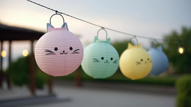 Cute diy pastel cat lanterns hanging on string lights paper lanterns outdoor decoration for pet party cozy cheerful dusk celebration with bokeh lights