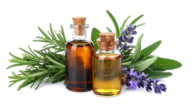 Two glass bottles filled with amber and yellow liquids, corked and surrounded by green herbs and purple flower sprigs, on a white background