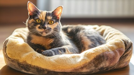 Adorable Tortoiseshell Cat Relaxing in Cozy Pet Bed
