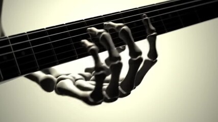 Skeleton hand strumming a guitar. A haunting and surreal visual of a skeleton hand gracefully playing a guitar - Powered by Adobe