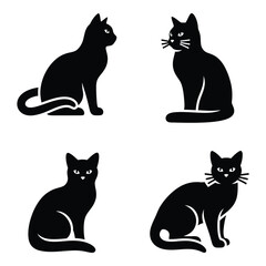 Four silhouette black cats poses sitting and looking around whimsical animal art ideal for various decorative projects silhouette
