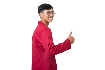 Smiling college student giving thumbs up like gesture isolated on white background
