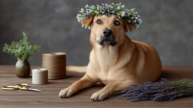 Diy pet party setup floral crown lavender wreath on dog lying by wooden table with crafting supplies creating charming rustic celebration vibe
