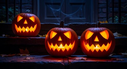 Glowing carved pumpkins on stone steps at night.