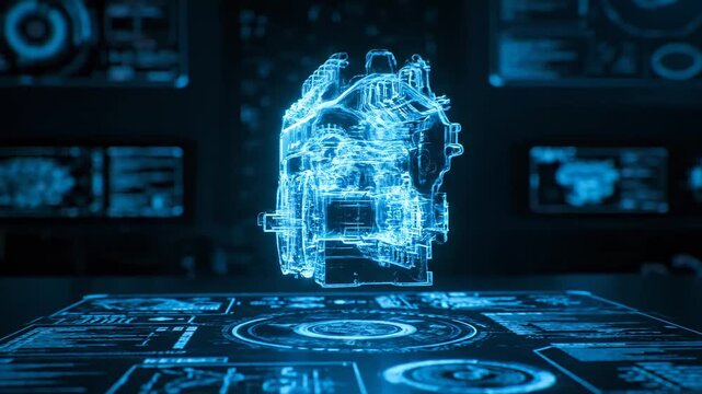 Futuristic Engine Schematic Hologram - A glowing blue digital engine block schematic hovers above a holographic projection on a dark tech-themed background.