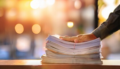 hand on thick stack of papers in warm light workspace motion blur business concept motion bokeh background