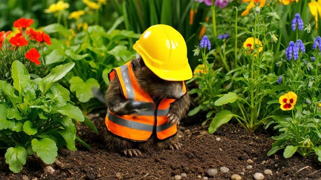 Mole Construction Worker Digging in a Garden - A mole wearing a yellow construction helmet and safety vest is digging in a garden bed.