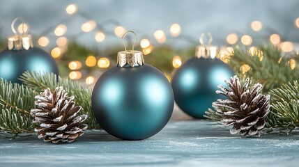Teal Christmas Ornaments Pine Cones Festive Lights Winter Holiday Decorations