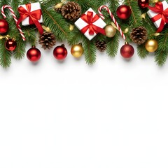 Christmas background with pine branches, red and gold ornaments, pinecones, gifts and candy canes on white background, festive border decoration for greeting cards, winter holiday celebration design