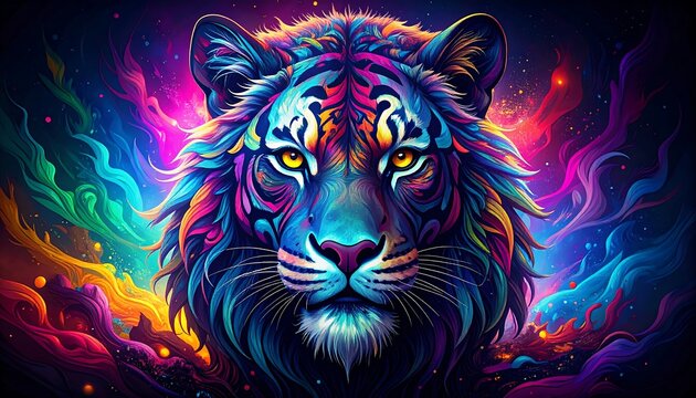 Vibrant tiger portrait, neon colors, cosmic style - Powered by Adobe