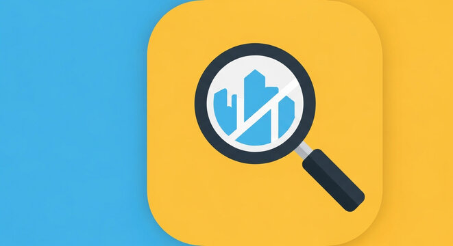 A magnifying glass icon on a yellow square, featuring a stylized cityscape within the lens, set against a blue background, representing urban exploration or property search - Powered by Adobe