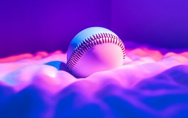 Baseball under neon light, artistic sports concept on a soft surface.