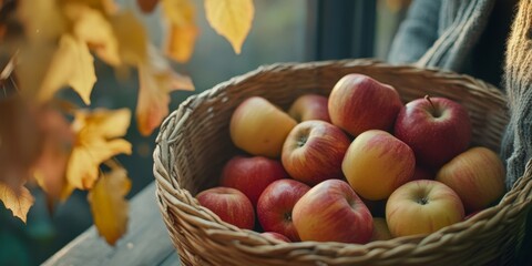 A basket full of fresh apples sits by a window. The warm autumn light shines through, enhancing the vibrant colors. Perfect for healthy living and seasonal decor. AI