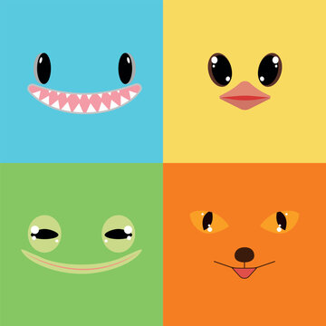 Cute Shark, Duck, Frog, Fox Cartoon Style Only Eyes and Mouth on the Color Background