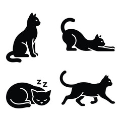 Four silhouetted black cats in various poses including sitting stretching sleeping and walking expressing feline graceful movement and quiet demeanor silhouette
