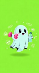 Cute ghost with dumbbell and water bottle on neon green background, Halloween fitness concept.