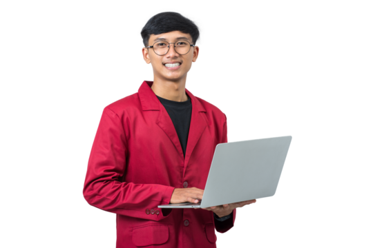 Smiling young asian college student using laptop do homework isolated on white background