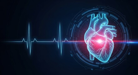 Glowing digital heart with a futuristic heartbeat monitor