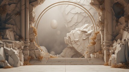Elegant Surreal Cosmic Scene with Circular Archway Stone Ruins and Floating Planets in Soft Beige Tones