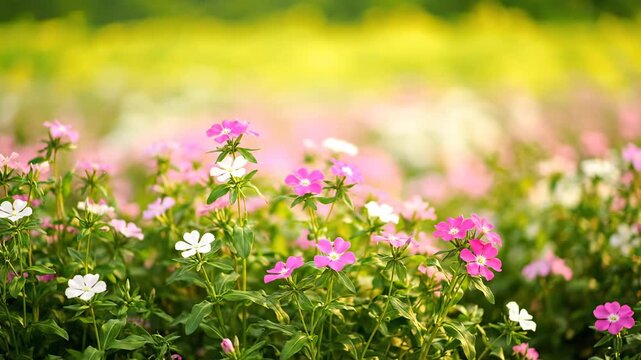 AI-Generated Flowers in a Field of Color - A vibrant field of pink and white flowers blossoms under a soft, yellow-toned light, creating a serene and idyllic scene.