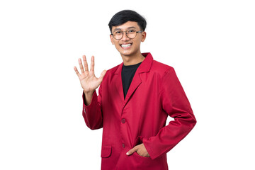 Smiling young college student waving Hand Hai hello gesture isolated on white background