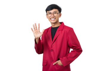 Smiling young college student waving Hand Hai hello gesture isolated on white background