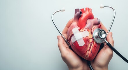 Hands holding a bandaged anatomical heart model with a stethoscope