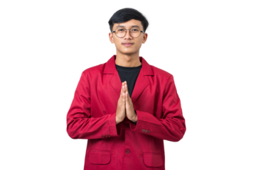 Smiling young college student gesturing welcome Greetings isolated on white background