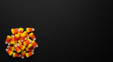Small pile of candy corn in bottom left corner on matte black background.
