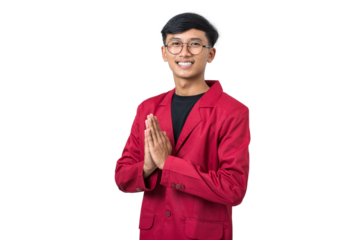 Smiling young college student gesturing welcome Greetings isolated on white background