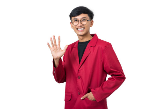 Smiling young college student waving Hand Hai hello gesture isolated on white background