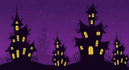 Haunted house silhouettes with glowing windows on deep purple starry background, Halloween pattern.