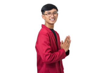 Smiling young college student gesturing welcome Greetings isolated on white background