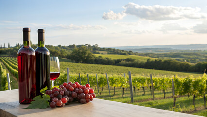 Fototapeta premium Two wine bottles and grapes on table overlooking lush vineyard landscape 