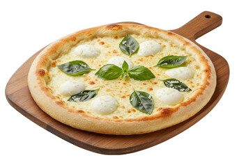 Isolated Neapolitan pizza Margherita with mozzarella cheese and fresh basil on wood serving board