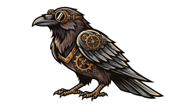 Steampunk crow with goggles and gears for a unique fantasy design, perfect for edgy apparel or themed events, adding a touch of vintage industrial flair.