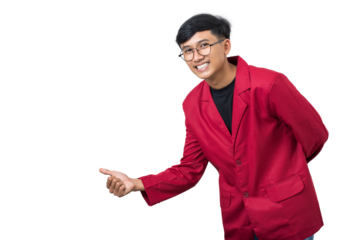 Smiling young college student gesturing welcome Greetings isolated on white background