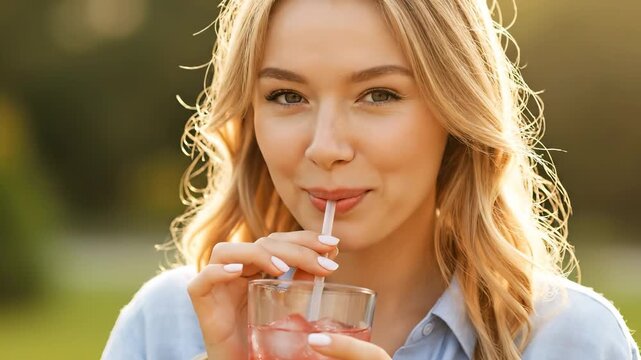 A woman with blond hair sips from a glass with a straw in a sunlit setting. The woman's light-colored glass appears refreshing as she enjoys the drink calmly.