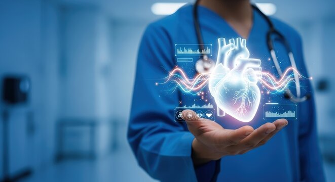 Medical professional examining a glowing digital heart interface - Powered by Adobe