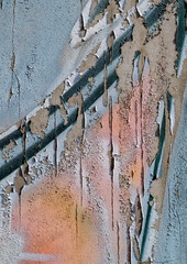 cracked and peeling paint on a wall surface. The weathered texture shows layers of faded blue and white paint flaking off, revealing an aged and distressed background. Perfect as a grunge overlay.